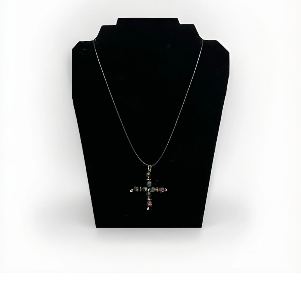 Beaded Cross Pendant Handmade Dark Purple Beads Religious Jewelry